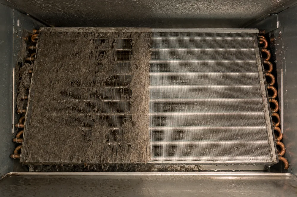An evaporator coil before and after cleaning