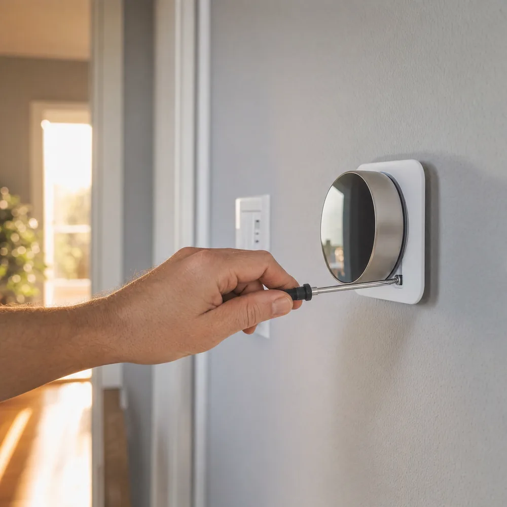 A smart thermostat being mounted
